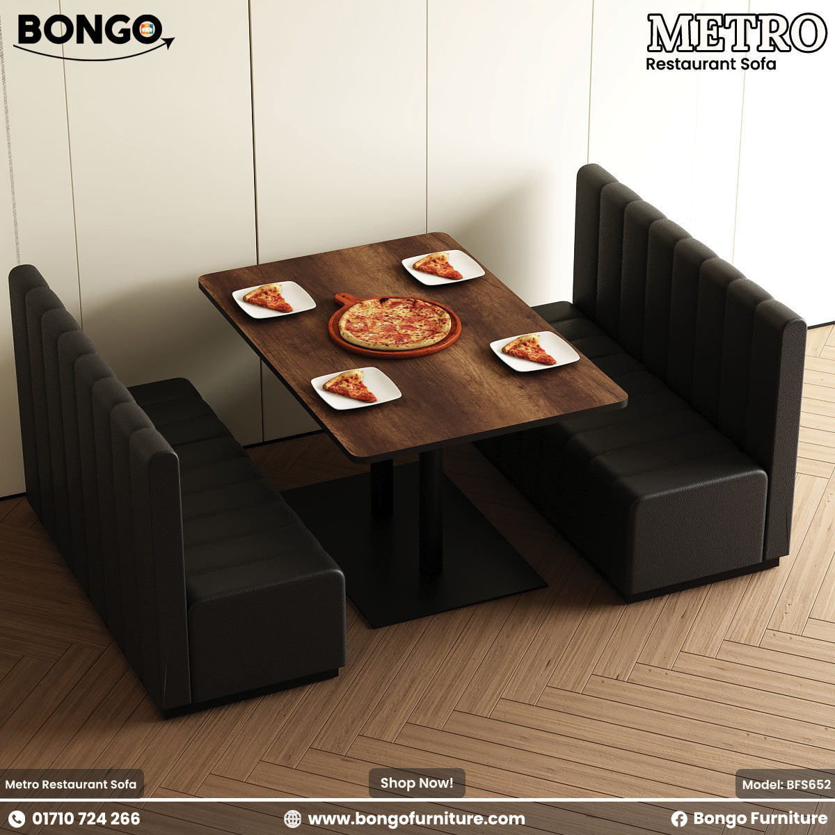 Bongo Metro Restaurant Sofa with a Water Resistant Strong Laminated Board table and pizza on a wooden floor.