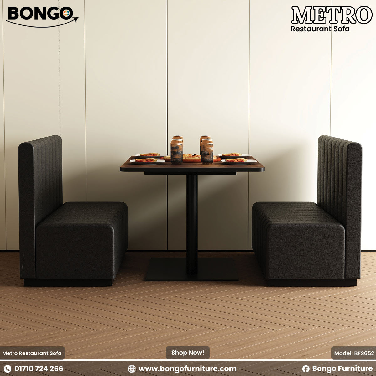 Black restaurant sofa set with a table against a white wall, featuring Bongo Furniture branding.
