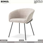A beige Miclo chair with upholstered padding and a sleek, curved backrest, supported by four splayed metal legs.