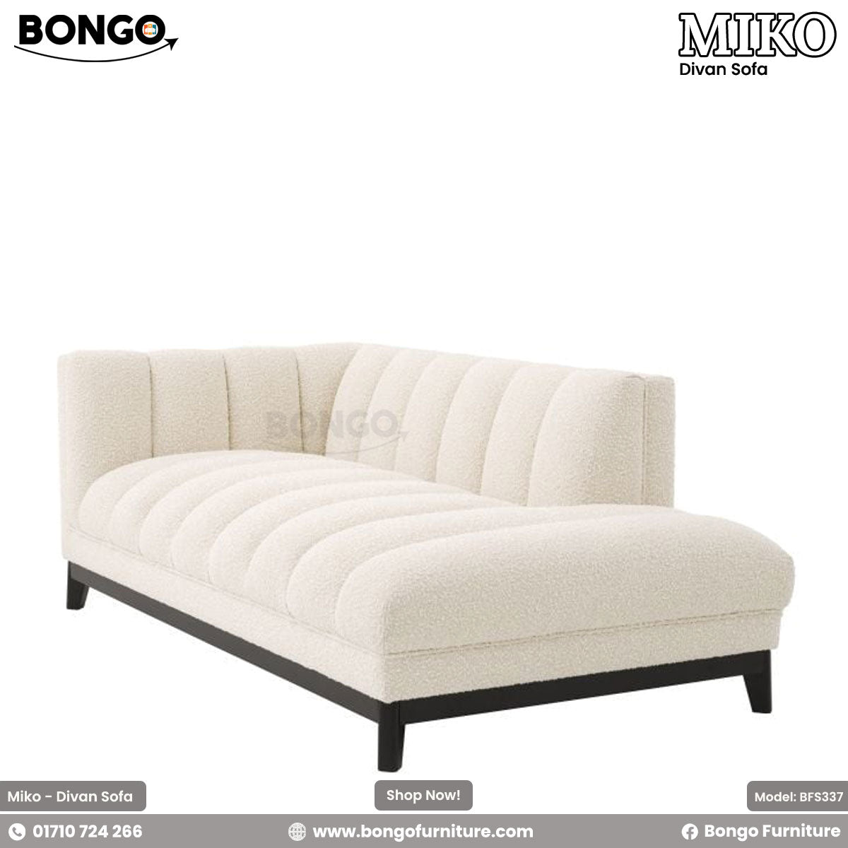 A promotional image of the 'MIKO Divan Sofa' from BONGO. The modern chaise lounge is upholstered in a cream-colored boucle fabric and features prominent vertical channel tufting across its entire seat and back. The piece is supported by a simple, recessed black base and legs.