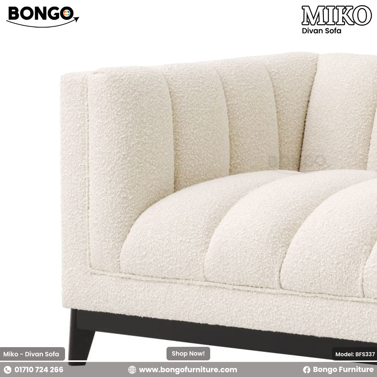 A promotional image of the 'MIKO Divan Sofa' from BONGO. The modern chaise lounge is upholstered in a cream-colored boucle fabric and features prominent vertical channel tufting across its entire seat and back. The piece is supported by a simple, recessed black base and legs.