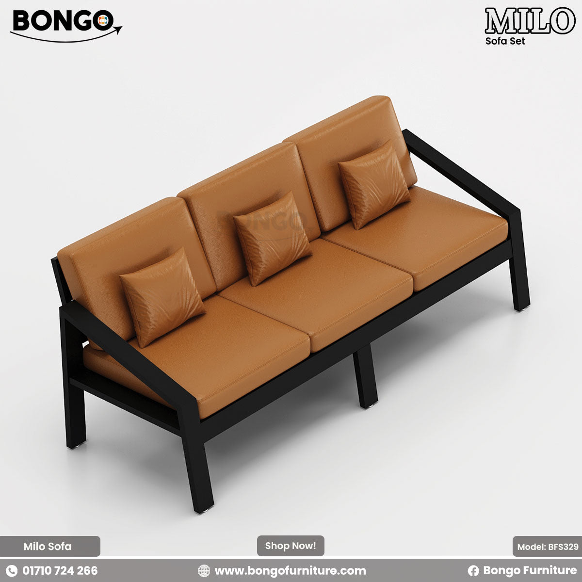 A modern three-seater sofa featuring a minimalist black metal frame and smooth, tan leather-style cushions. The sofa has a long bench seat, three separate back cushions, and three matching throw pillows. The design is simple and open, with a central leg for added support.