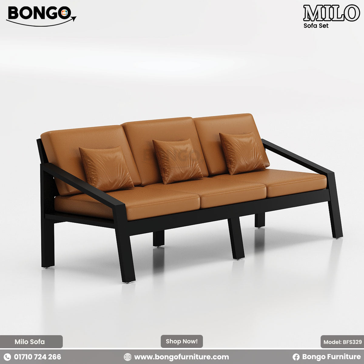 A modern three-seater sofa featuring a minimalist black metal frame and smooth, tan leather-style cushions. The sofa has a long bench seat, three separate back cushions, and three matching throw pillows. The design is simple and open, with a central leg for added support.