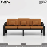 A modern three-seater sofa featuring a minimalist black metal frame and smooth, tan leather-style cushions. The sofa has a long bench seat, three separate back cushions, and three matching throw pillows. The design is simple and open, with a central leg for added support.