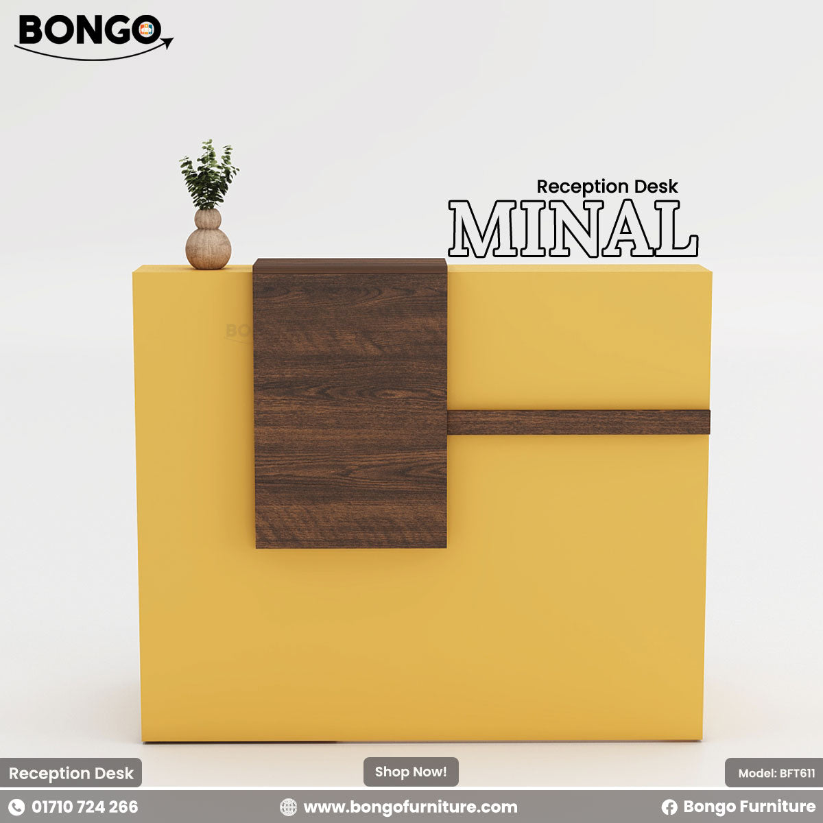 A promotional image of the "MINAL Reception Desk," a modern and compact front desk. The desk features a bold two-tone design, combining a dark wood grain for the main work surface and storage pedestal, with a bright yellow-gold frame that wraps around the side and back. The wrap-around frame creates a raised, multi-level transaction counter. The desk is shown with a small laptop and a decorative plant on top, set against a plain grey background. The "BONGO" brand logo is in the top-left corner.