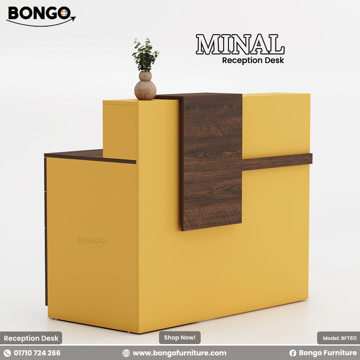A promotional image of the "MINAL Reception Desk," a modern and compact front desk. The desk features a bold two-tone design, combining a dark wood grain for the main work surface and storage pedestal, with a bright yellow-gold frame that wraps around the side and back. The wrap-around frame creates a raised, multi-level transaction counter. The desk is shown with a small laptop and a decorative plant on top, set against a plain grey background. The "BONGO" brand logo is in the top-left corner.