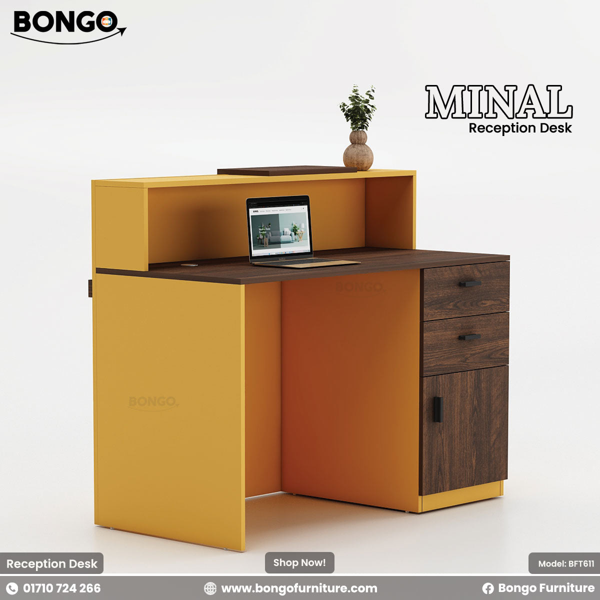 A promotional image of the "MINAL Reception Desk," a modern and compact front desk. The desk features a bold two-tone design, combining a dark wood grain for the main work surface and storage pedestal, with a bright yellow-gold frame that wraps around the side and back. The wrap-around frame creates a raised, multi-level transaction counter. The desk is shown with a small laptop and a decorative plant on top, set against a plain grey background. The "BONGO" brand logo is in the top-left corner.