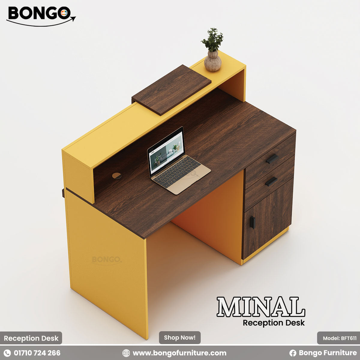 A promotional image of the "MINAL Reception Desk," a modern and compact front desk. The desk features a bold two-tone design, combining a dark wood grain for the main work surface and storage pedestal, with a bright yellow-gold frame that wraps around the side and back. The wrap-around frame creates a raised, multi-level transaction counter. The desk is shown with a small laptop and a decorative plant on top, set against a plain grey background. The "BONGO" brand logo is in the top-left corner.A promotional