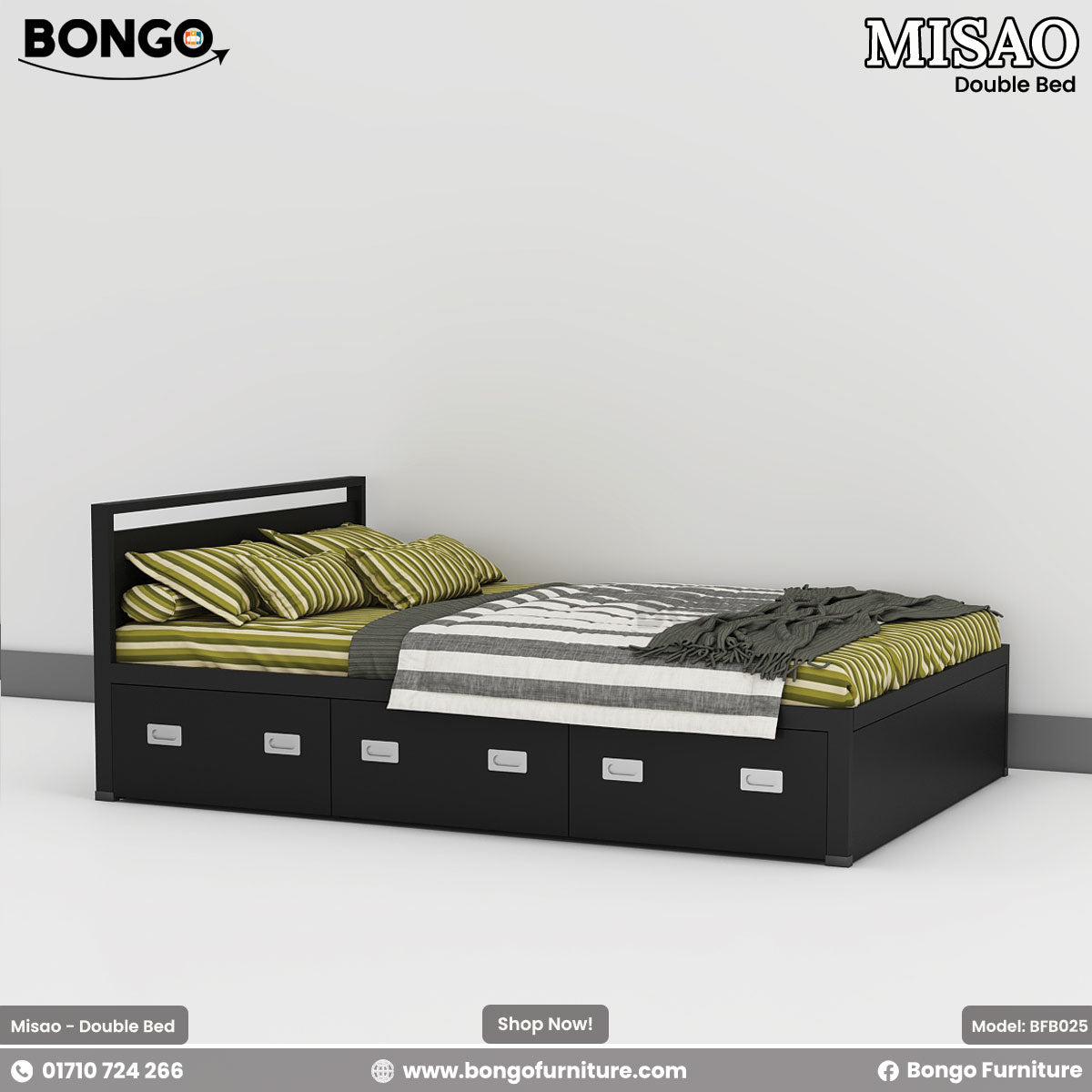 A modern platform bed with a black frame and black panels. The rectangular headboard has a black inset panel, and the base contains three large white storage drawers with silver handles. The bed is styled with green striped bedding.