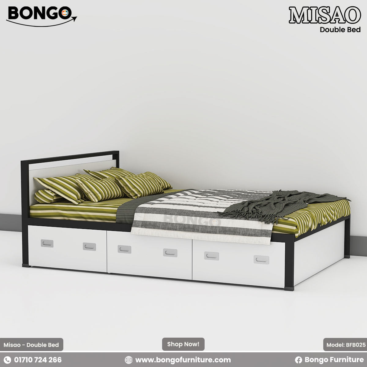 A modern platform bed with a black frame and white panels. The rectangular headboard has a white inset panel, and the base contains three large white storage drawers with silver handles. The bed is styled with green striped bedding.