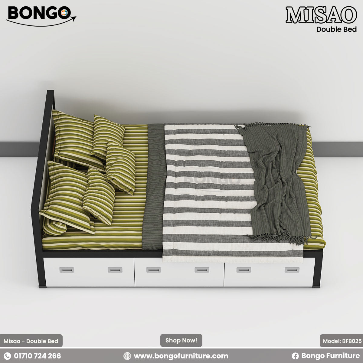 A top-down view of a modern platform bed with a black frame and a row of three white storage drawers along its side. The bed is neatly styled with green and beige striped bedding, a variety of matching pillows, and a folded gray and white striped throw blanket at the foot.