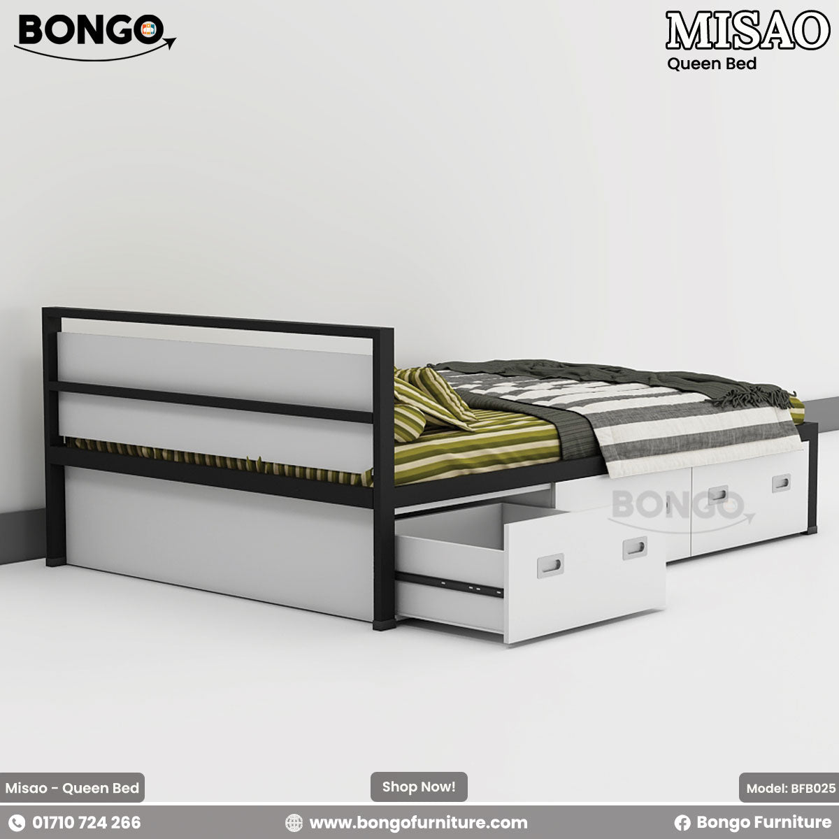 A top-down view of a modern platform bed with a black frame and a row of three white storage drawers along its side. The bed is neatly styled with green and beige striped bedding, a variety of matching pillows, and a folded gray and white striped throw blanket at the foot.