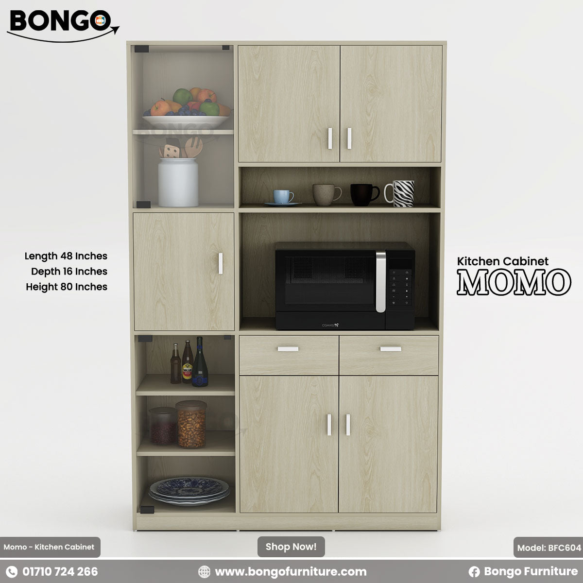 A multi-functional kitchen cabinet with glass doors and shelves, branded as Momo by Bongo Furniture, displayed in a home setting.