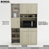 A multi-functional kitchen cabinet with glass doors and shelves, branded as Momo by Bongo Furniture, displayed in a home setting.