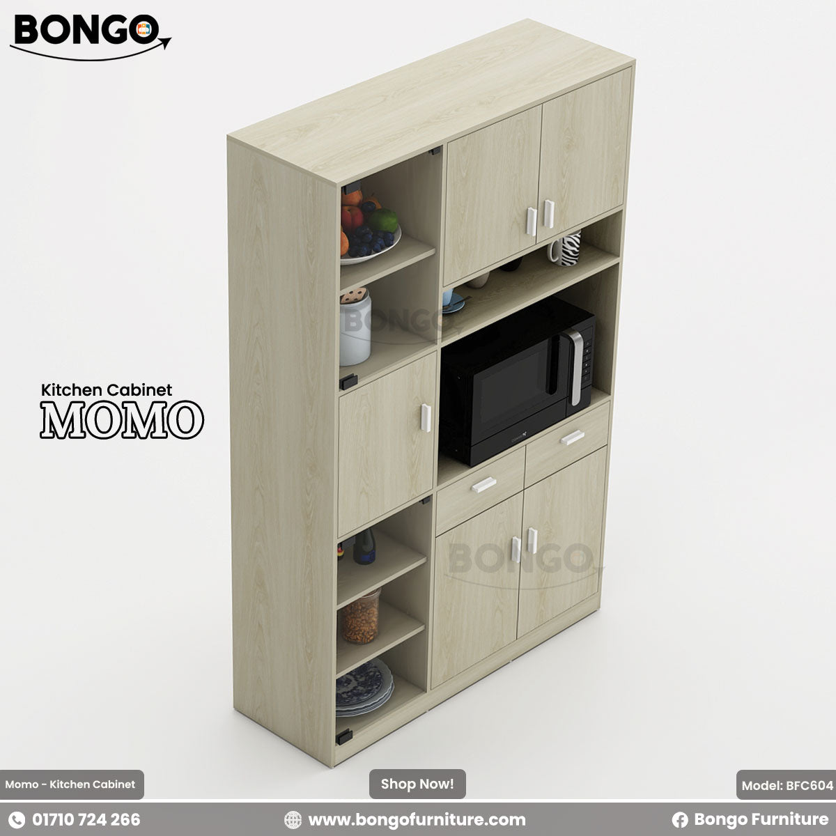 A multi-functional kitchen cabinet with glass doors and shelves, branded as Momo by Bongo Furniture, displayed in a home setting.