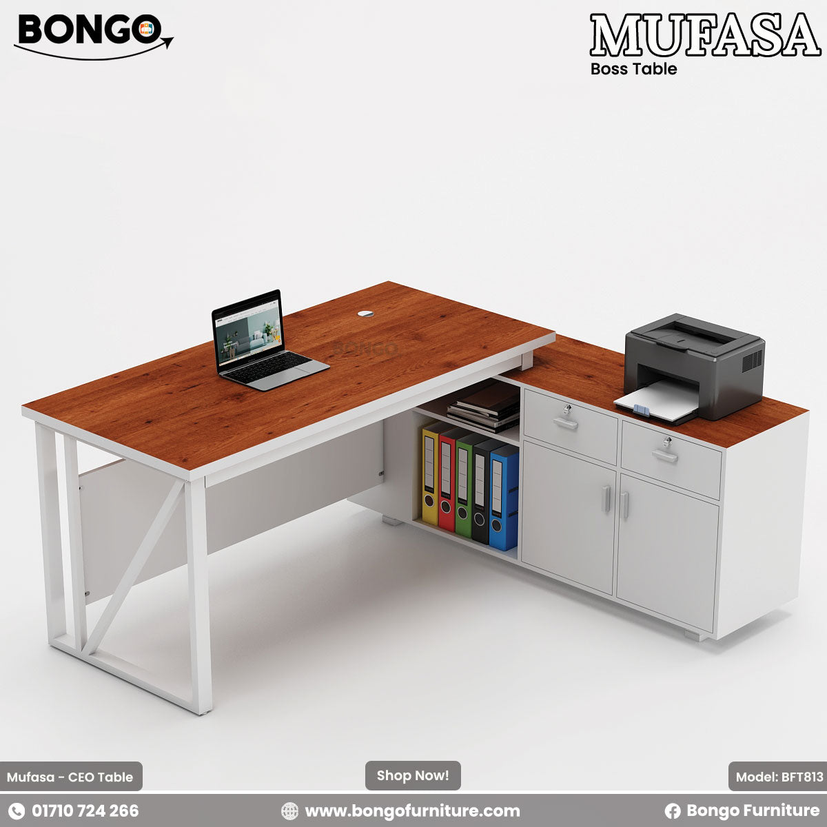 Water Resistant Strong Laminated Board office desk with laptop, printer, and binders on a white background
