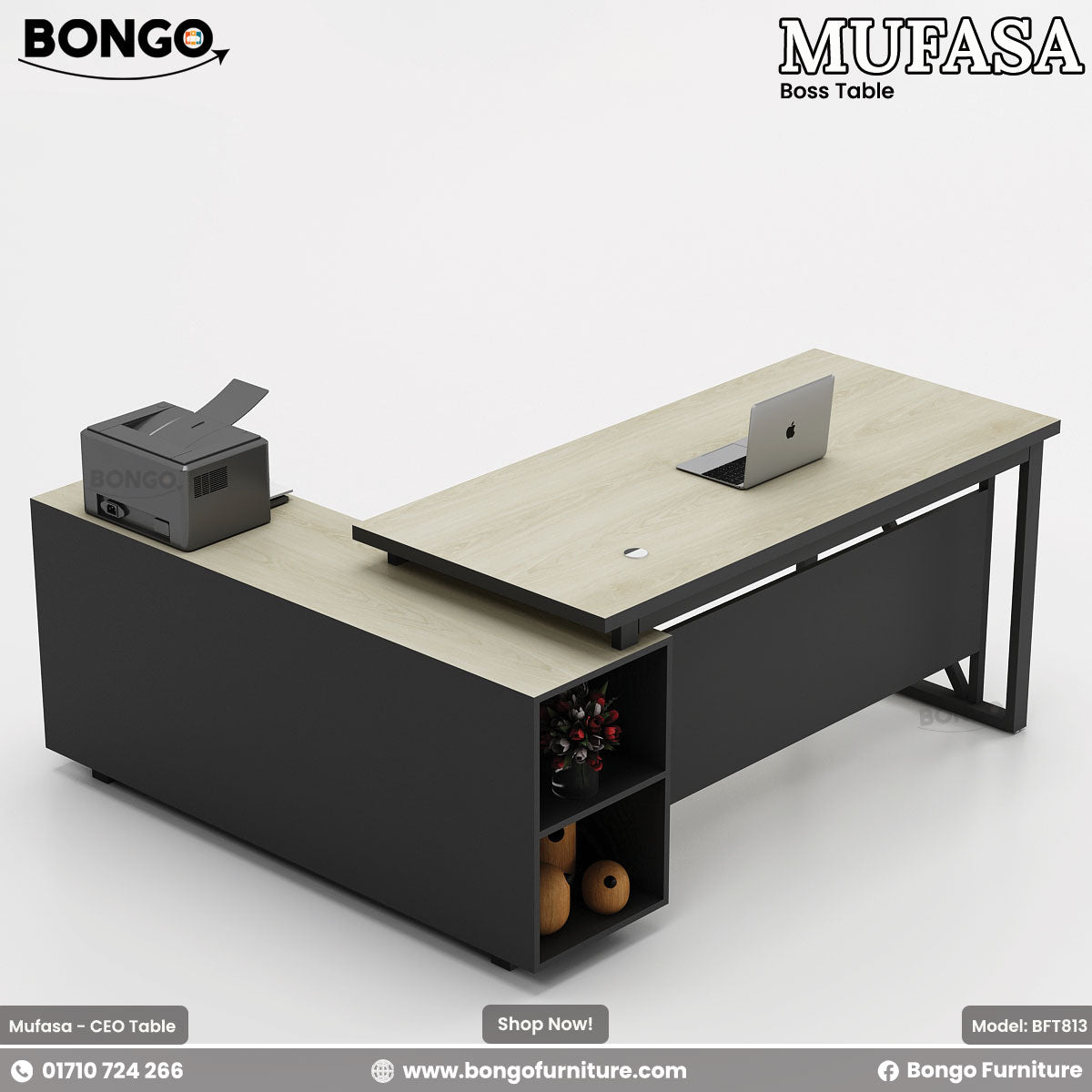 Bongo Mufasa boss table with laptop and phone on a white background