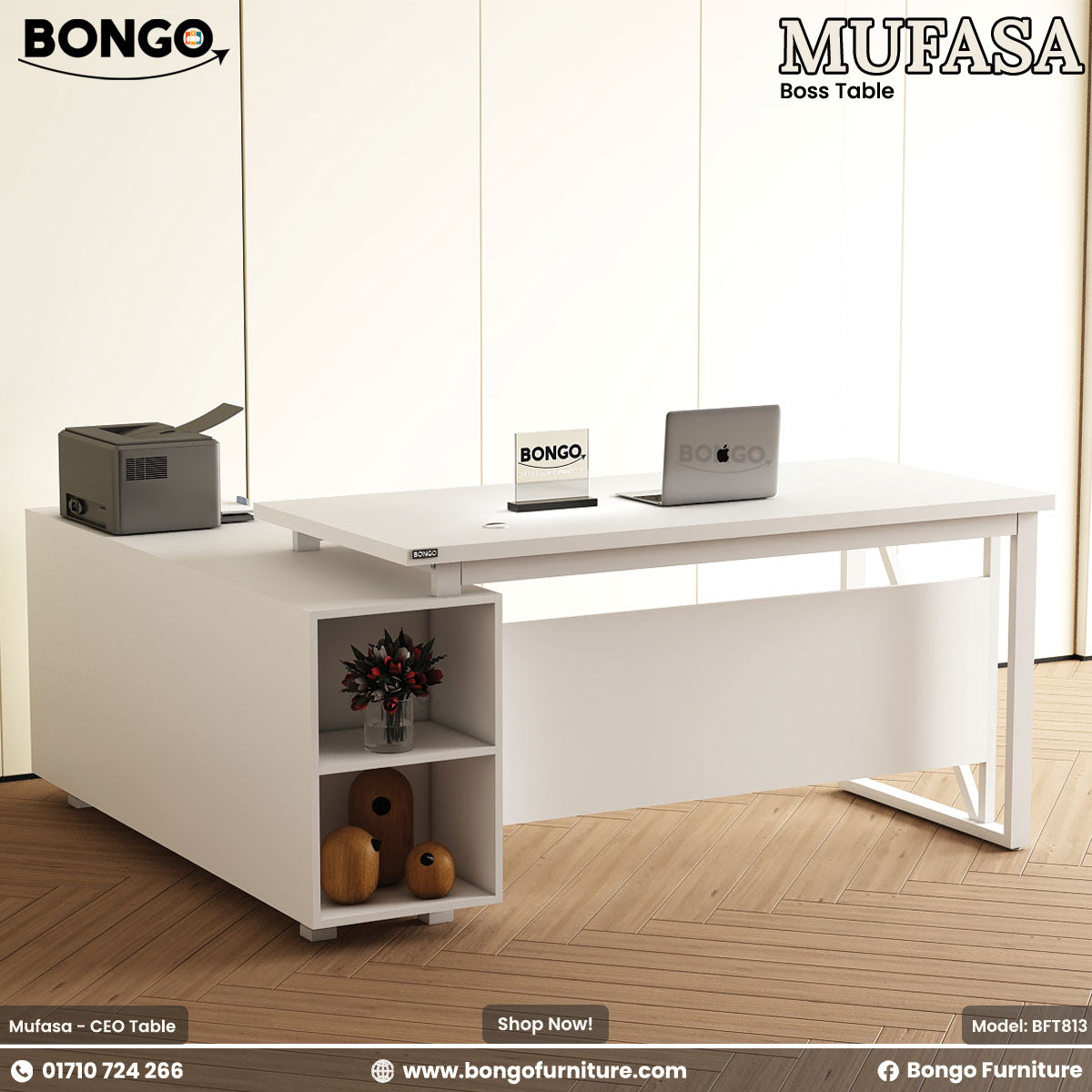 Modern office desk with Bongo Furniture branding in a minimalistic office setting.