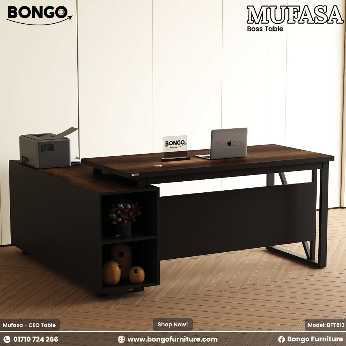 Bongo Mufasa boss table with office items on a wooden floor.