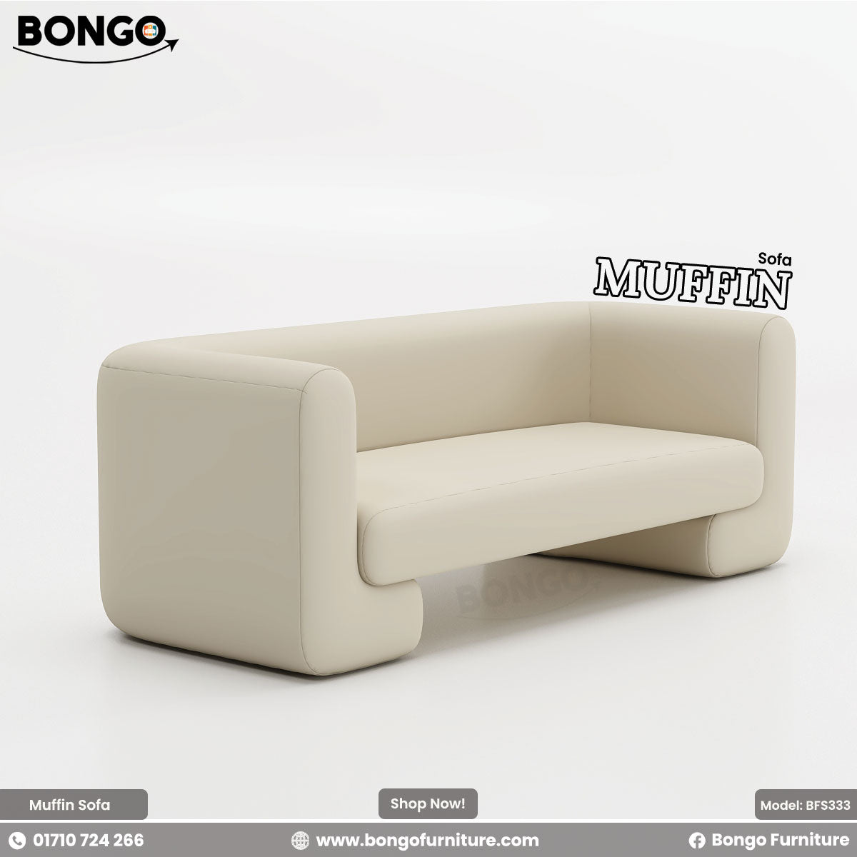 A beige Muffin Sofa with a minimalist design and plush upholstery, displayed against a white background with the Bongo Furniture logo and contact information.