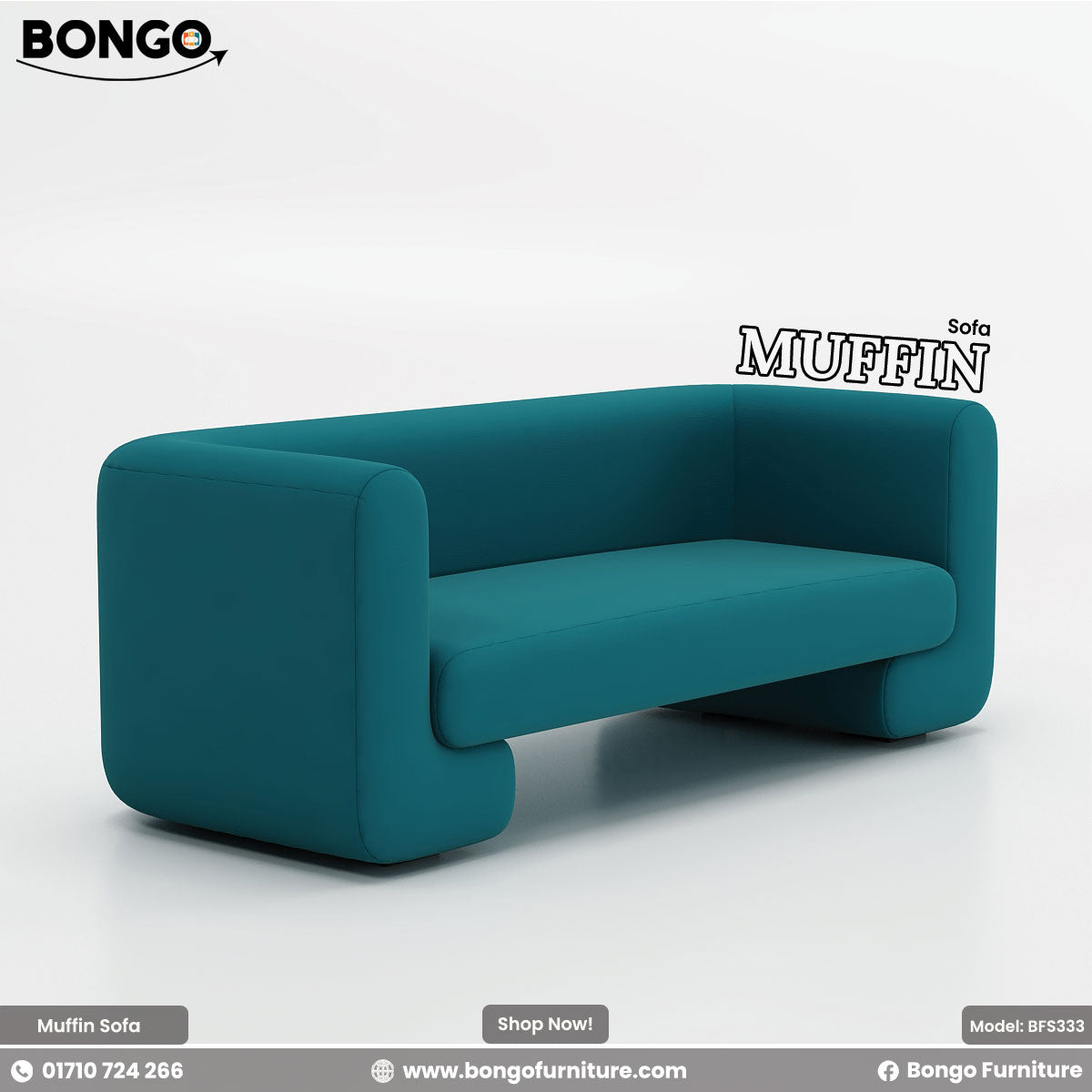 A beige Muffin Sofa with a minimalist design and plush upholstery, displayed against a white background with the Bongo Furniture logo and contact information.