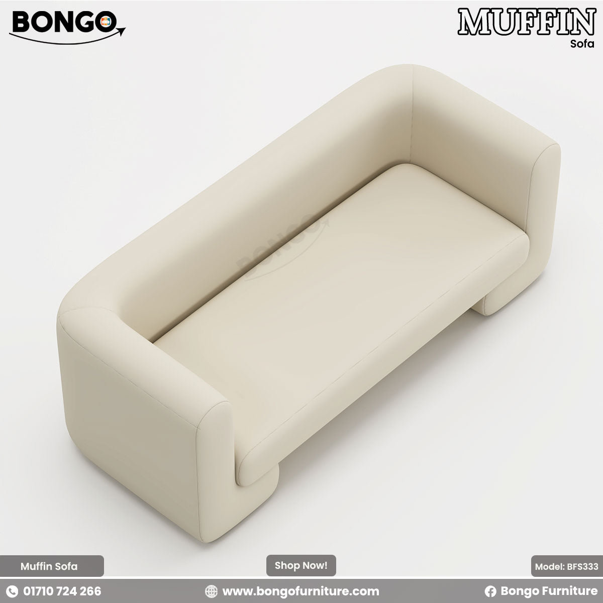 A beige Muffin Sofa with a minimalist design and plush upholstery, displayed against a white background with the Bongo Furniture logo and contact information.