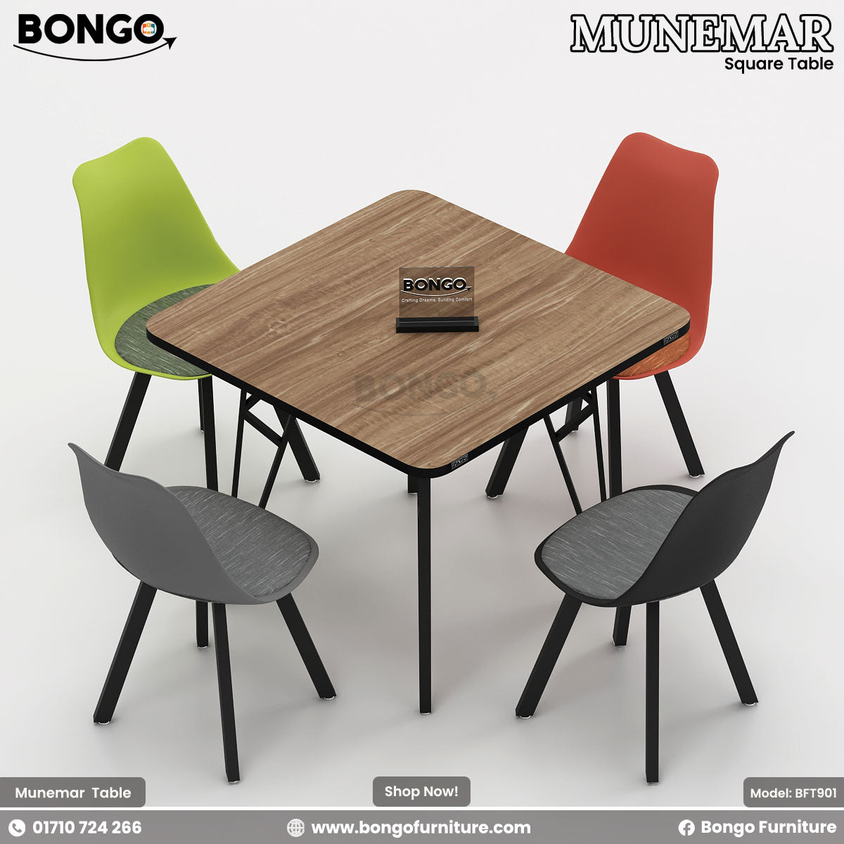 A square dining table with a Water Resistant Strong Laminated Board top and black metal base, surrounded by four chairs in green, red, and gray.