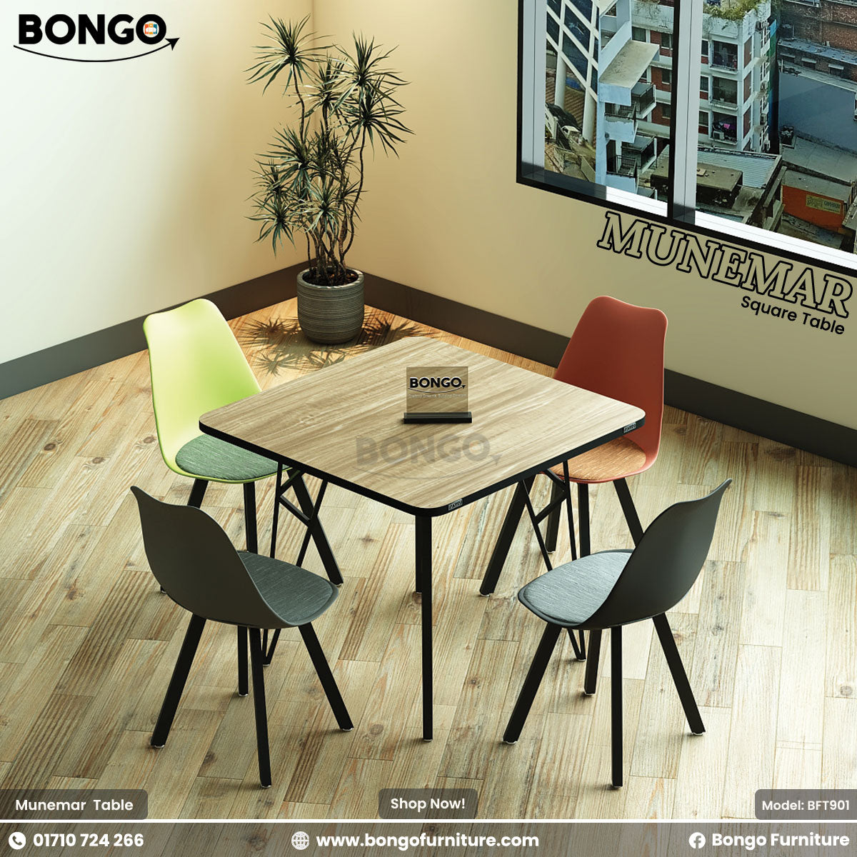 A square dining table with a Water Resistant Strong Laminated Board top and black metal base, surrounded by four chairs in green, red, and gray.