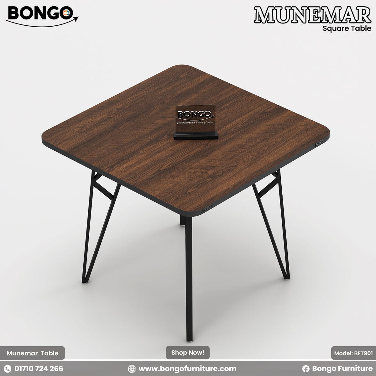 A square dining table with a Water Resistant Strong Laminated Board top and black metal base, surrounded by four chairs in green, red, and gray.