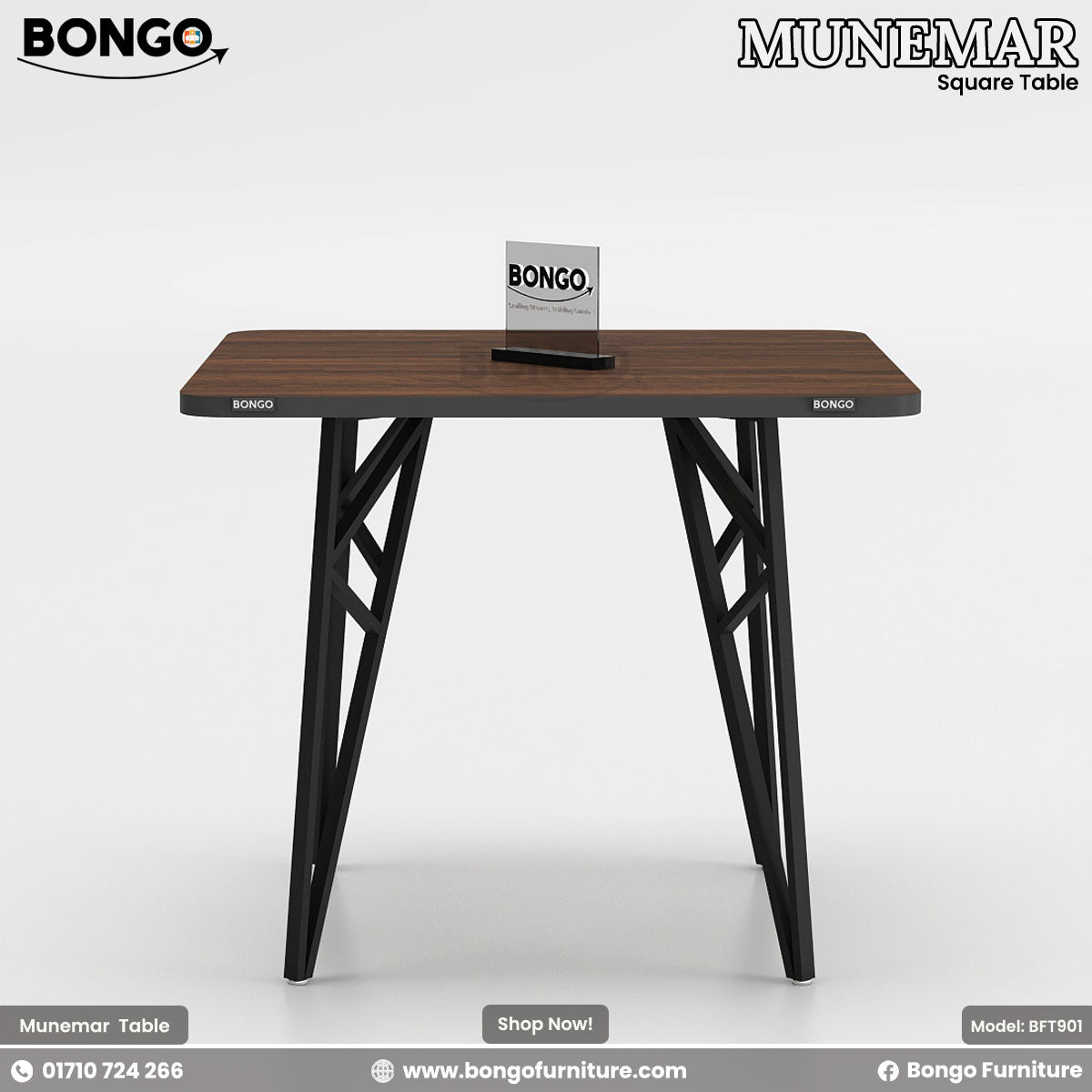 A square dining table with a Water Resistant Strong Laminated Board top and black metal base, surrounded by four chairs in green, red, and gray.