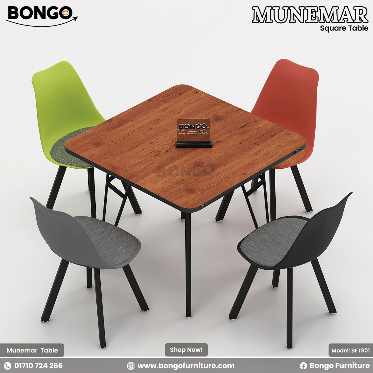 A square dining table with a Water Resistant Strong Laminated Board laminated top and black metal base, surrounded by four chairs in green, red, and gray.