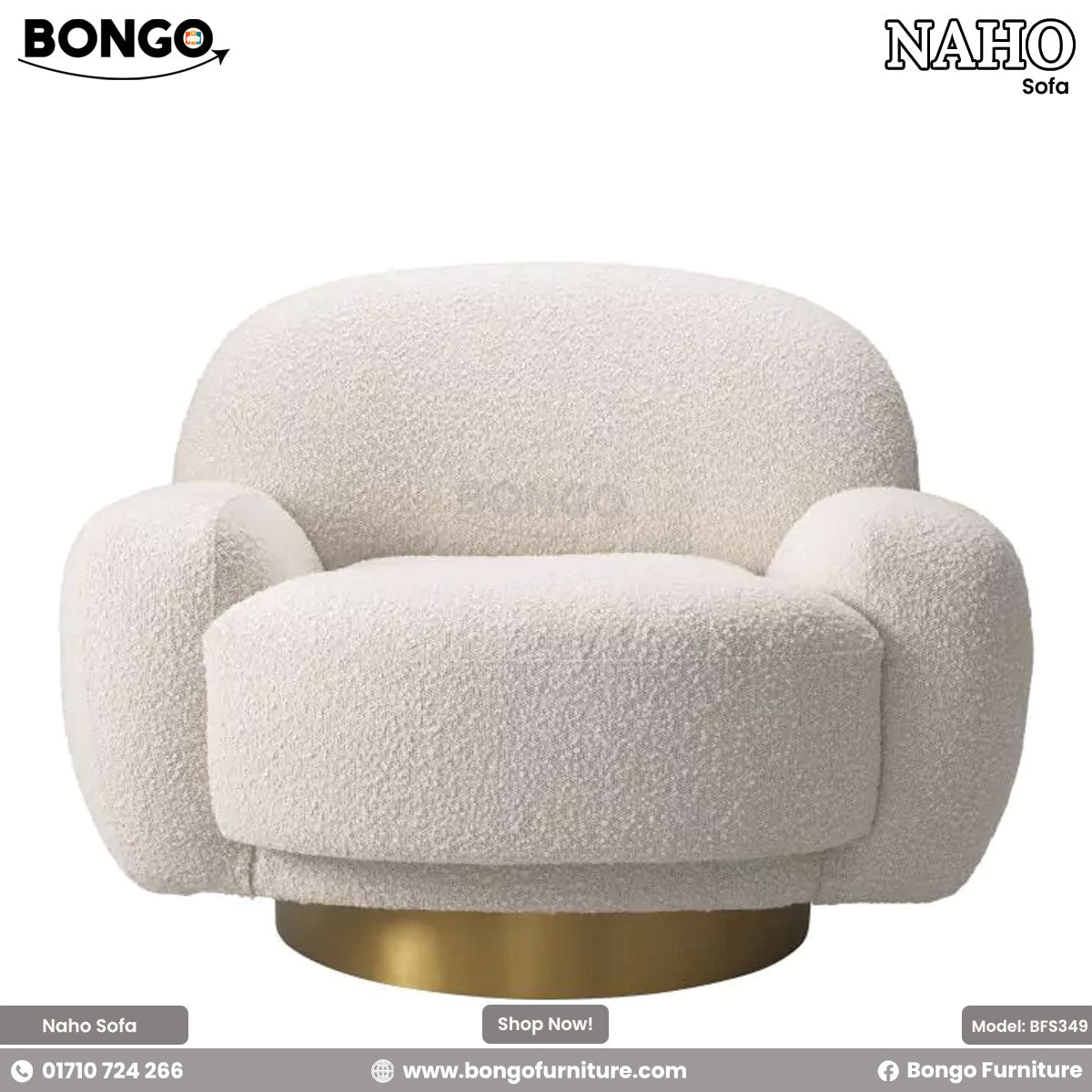 A modern Naho sofa with plush foam and round footstool, upholstered in white Shanell fabric, with a wooden base and a brass footstool leg.