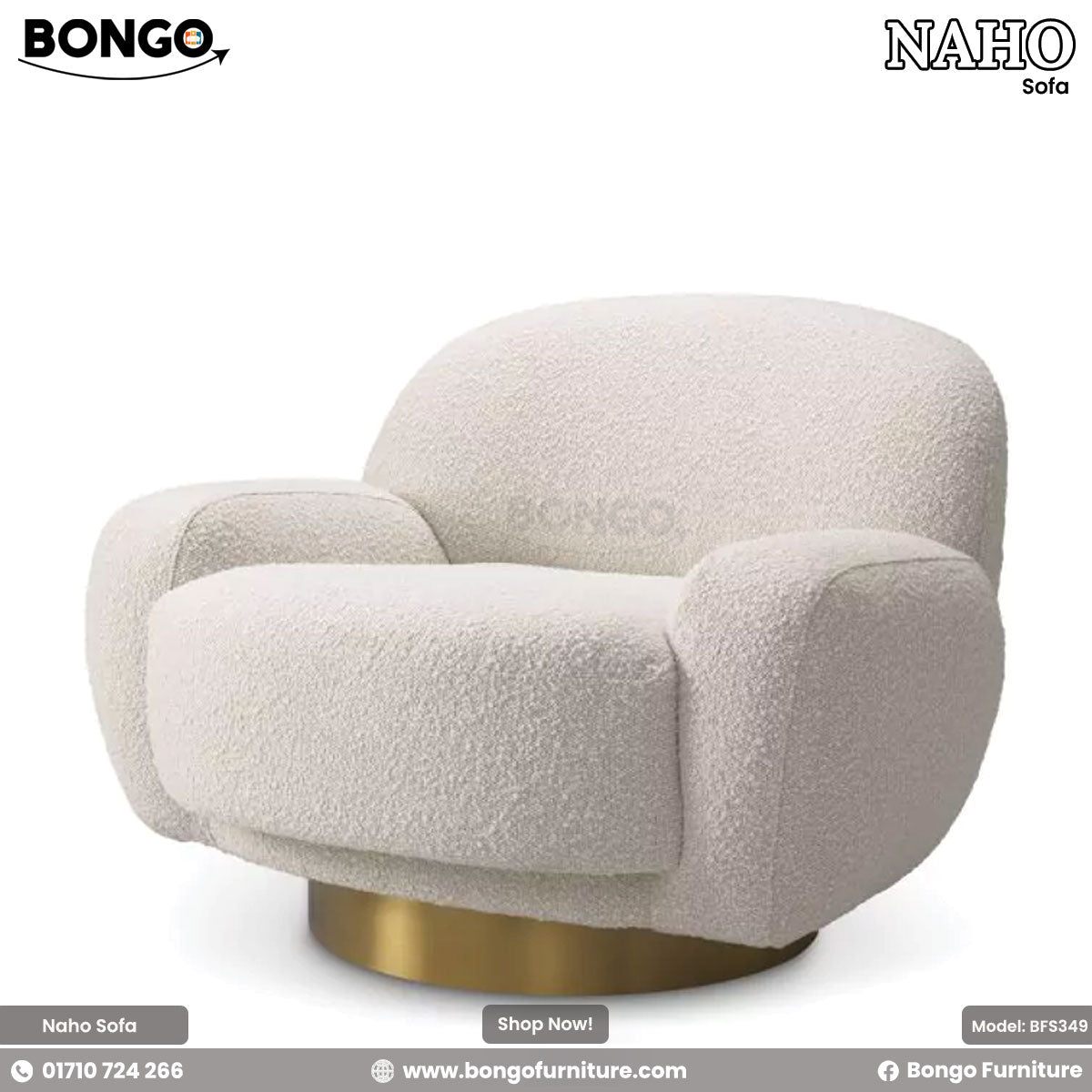 A modern Naho sofa with plush foam and round footstool, upholstered in white Shanell fabric, with a wooden base and a brass footstool leg.
