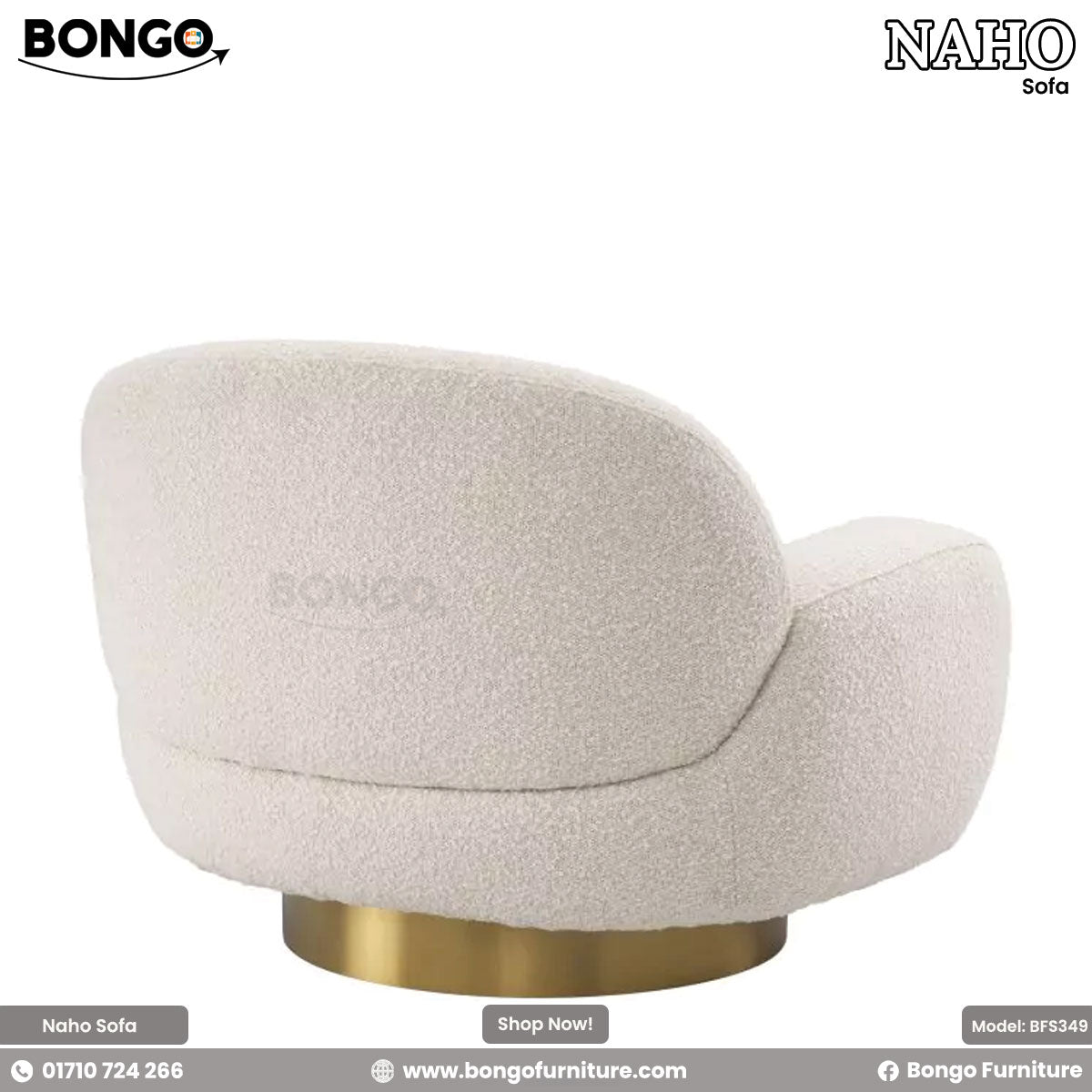 A modern Naho sofa with plush foam and round footstool, upholstered in white Shanell fabric, with a wooden base and a brass footstool leg.