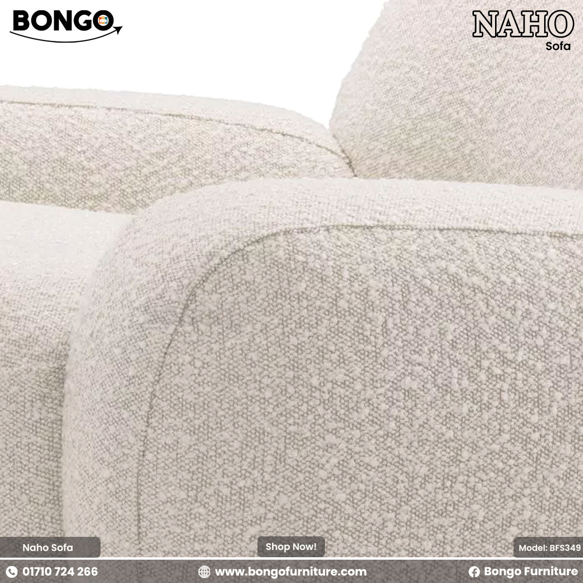 A modern Naho sofa with plush foam and round footstool, upholstered in white Shanell fabric, with a wooden base and a brass footstool leg.