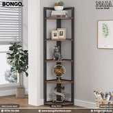 Corner shelf with decorative items in a room with a window and plant