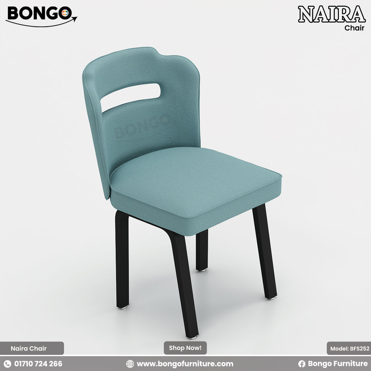 A blue Naira dining chair with heavy-duty mild steel legs and plush cushioning, featuring the brand name 'BONGO' on the backrest.