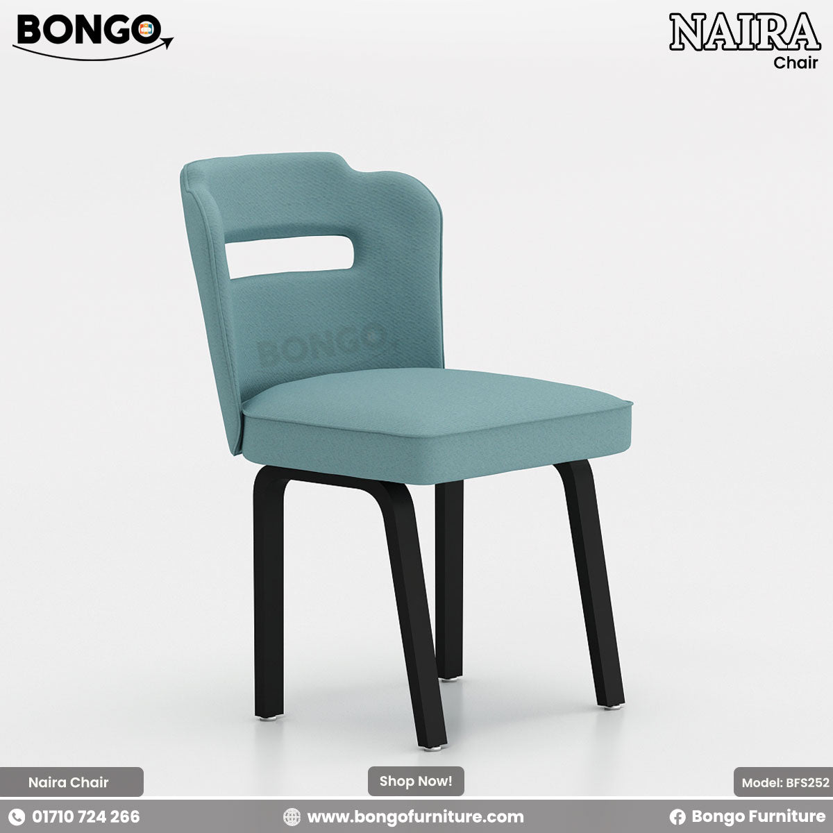 A blue Naira dining chair with heavy-duty mild steel legs and plush cushioning, featuring the brand name 'BONGO' on the backrest.