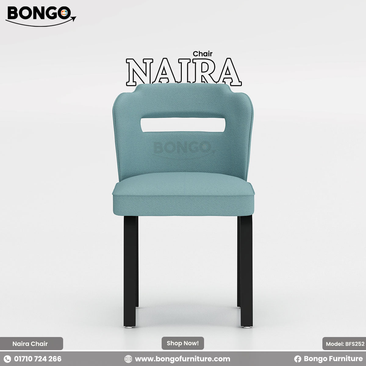 A blue Naira dining chair with heavy-duty mild steel legs and plush cushioning, featuring the brand name 'BONGO' on the backrest.