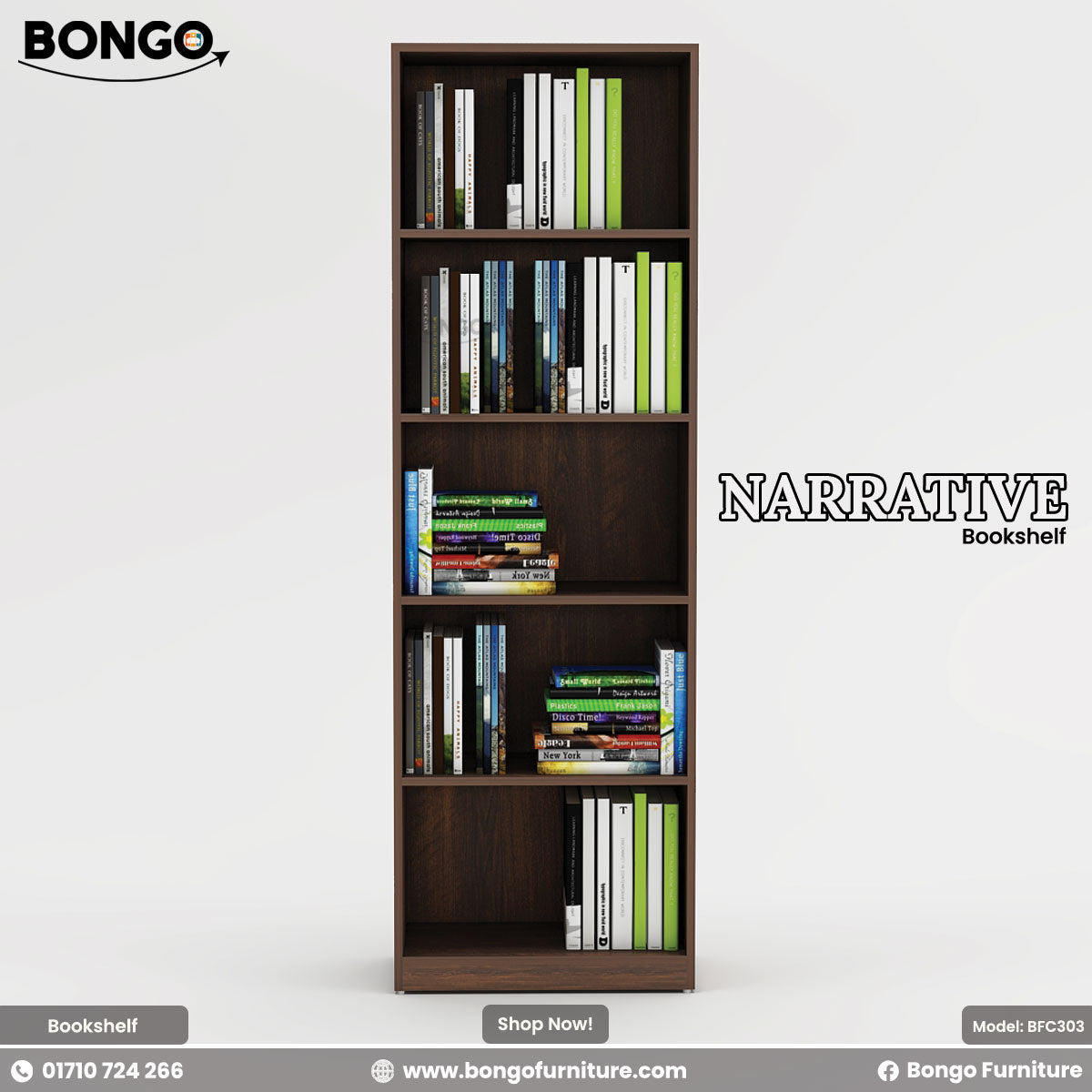 A product image of the "NARRATIVE Bookshelf" by Bongo. The tall, slim, modern bookcase features five open shelves and has a dark wood grain finish. It is shown fully styled with stacks of books on each shelf against a plain, light grey background. The "BONGO" brand logo is in the top-left corner.