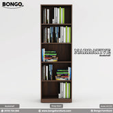 A product image of the "NARRATIVE Bookshelf" by Bongo. The tall, slim, modern bookcase features five open shelves and has a dark wood grain finish. It is shown fully styled with stacks of books on each shelf against a plain, light grey background. The "BONGO" brand logo is in the top-left corner.