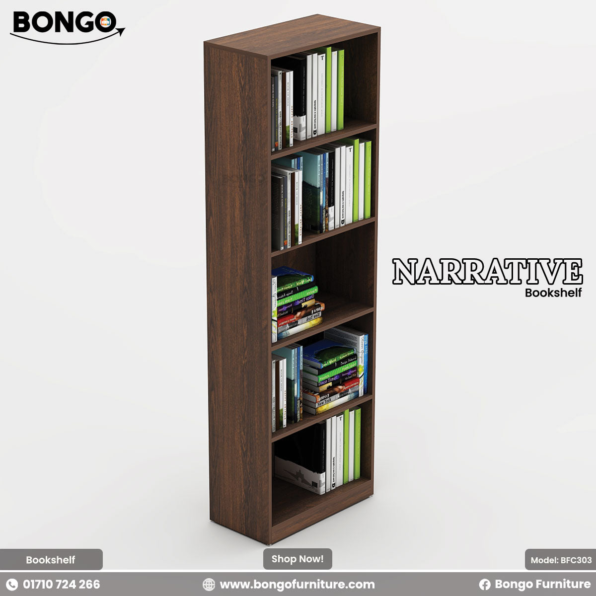 A product image of the "NARRATIVE Bookshelf" by Bongo. The tall, slim, modern bookcase features five open shelves and has a dark wood grain finish. It is shown fully styled with stacks of books on each shelf against a plain, light grey background. The "BONGO" brand logo is in the top-left corner.