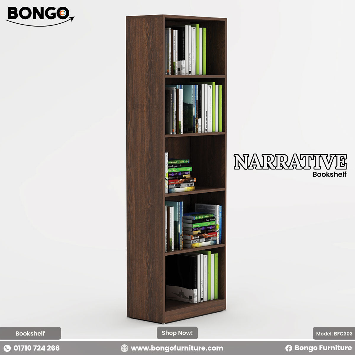 A product image of the "NARRATIVE Bookshelf" by Bongo. The tall, slim, modern bookcase features five open shelves and has a dark wood grain finish. It is shown fully styled with stacks of books on each shelf against a plain, light grey background. The "BONGO" brand logo is in the top-left corner.