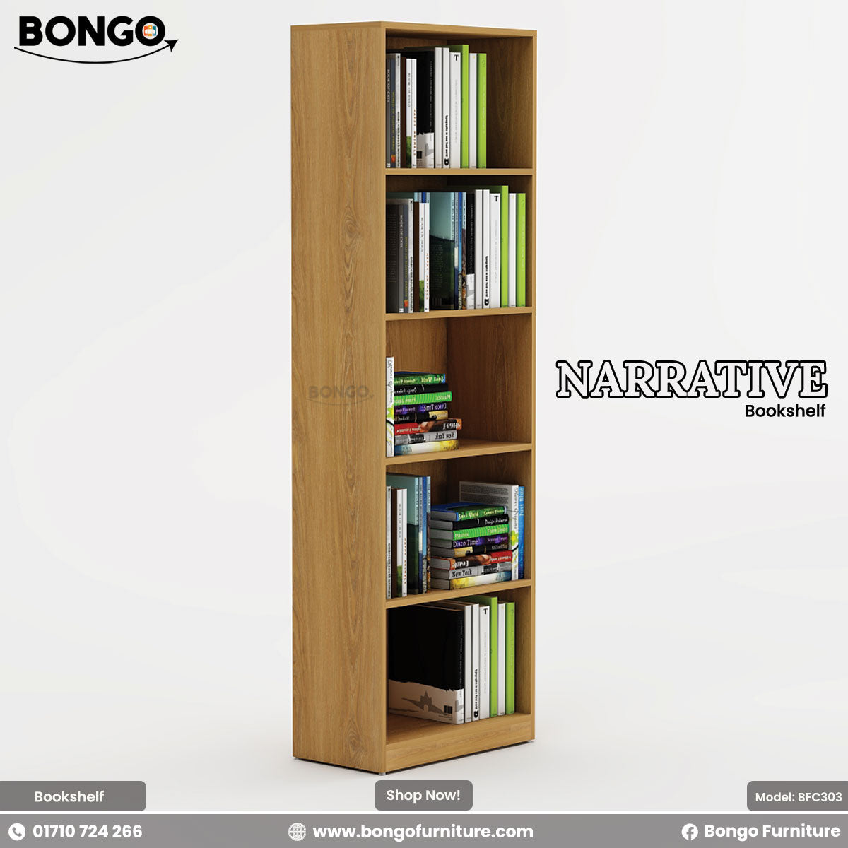 A promotional image of the "NARRATIVE Bookshelf" by Bongo, shown in a light wood-grain finish. The tall, slim, modern bookcase features five open shelves and is fully stocked with various books to demonstrate its storage capacity. The unit is set against a plain, light grey background.