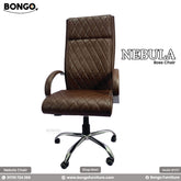 A promotional image of the "NEBULA Boss Chair" by Bongo. The traditional high-back executive chair is upholstered in a rich brown, leather-like material and features a plush, diamond-quilted stitching pattern on its backrest and seat. It has padded loop armrests and a five-star polished chrome base with caster wheels. The chair is set against a plain white background.