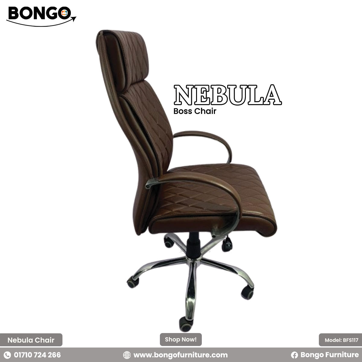 A promotional image of the "NEBULA Boss Chair" by Bongo. The traditional high-back executive chair is upholstered in a rich brown, leather-like material and features a plush, diamond-quilted stitching pattern on its backrest and seat. It has padded loop armrests and a five-star polished chrome base with caster wheels. The chair is set against a plain white background.