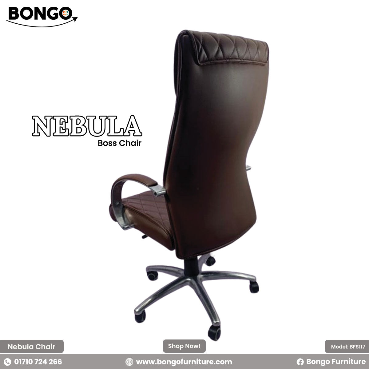 A promotional image of the "NEBULA Boss Chair" by Bongo. The traditional high-back executive chair is upholstered in a rich brown, leather-like material and features a plush, diamond-quilted stitching pattern on its backrest and seat. It has padded loop armrests and a five-star polished chrome base with caster wheels. The chair is set against a plain white background.
