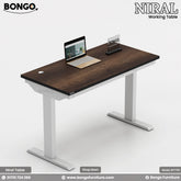 Monument Oak - Black Edging - White Leg working table with laptop and phone on a white background, featuring Bongo Furniture branding.