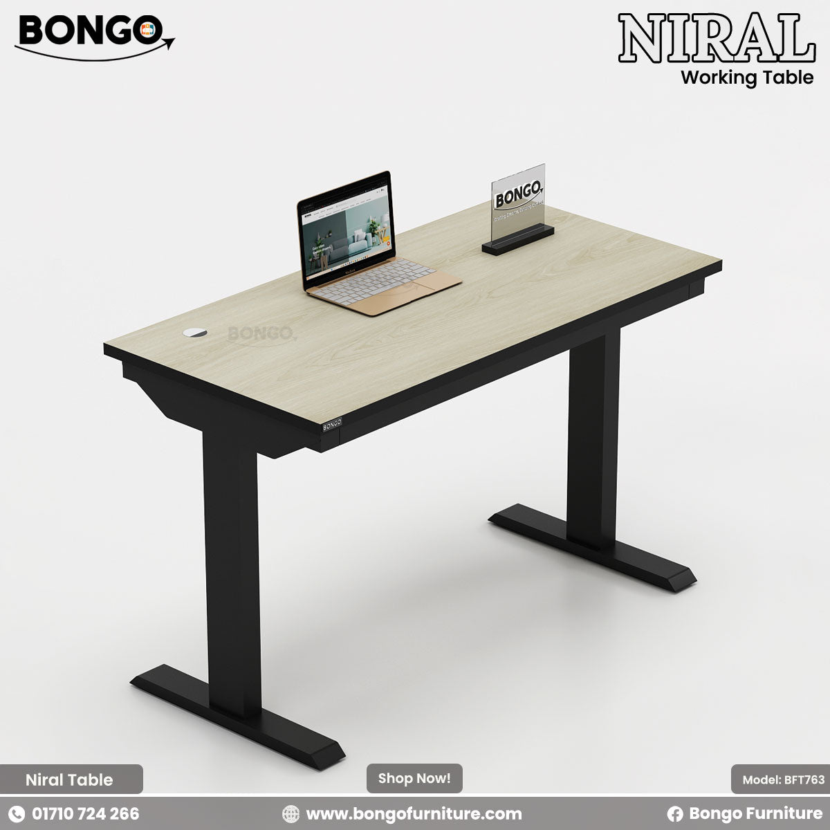 Niral working table with a laptop and phone on a white background, featuring Bongo Furniture branding.