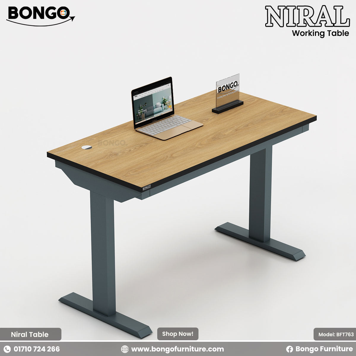 Red Oak - Black Edging - Gray Leg working table with laptop and phone on a white background, featuring Bongo Furniture branding.